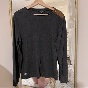 Lauren Ralph Lauren Charcoal Gray Long Sleeve Zipper Shoulder Shirt with Patches